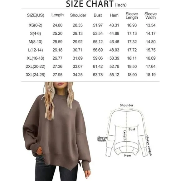 Women's Oversized Batwing Sweaters Crewneck Ribbed Knit Side Slit Pullover Tops