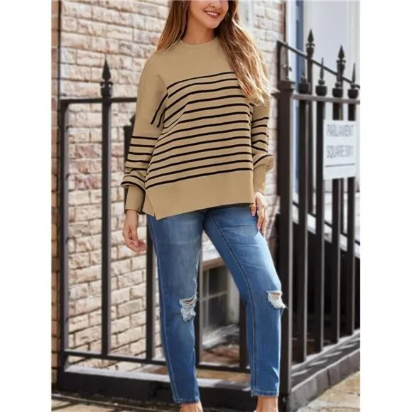 Women's Oversized Batwing Sweaters Crewneck Ribbed Knit Side Slit Pullover Tops
