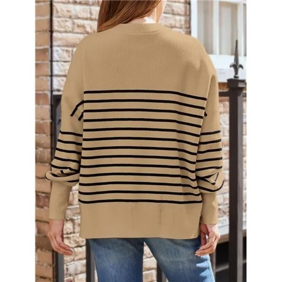 Women's Oversized Batwing Sweaters Crewneck Ribbed Knit Side Slit Pullover Tops