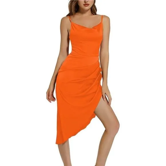 Women's Satin Wrap Ruched Dress, Solid Orange