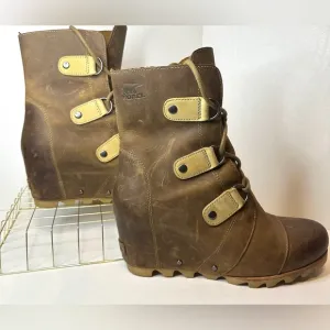 Women’s Sorel Joan Of Arctic Mid Wedge Brown Leather Mid Ankle Boots Size 10