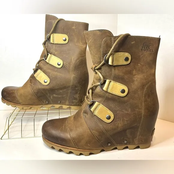 Women’s Sorel Joan Of Arctic Mid Wedge Brown Leather Mid Ankle Boots Size 10
