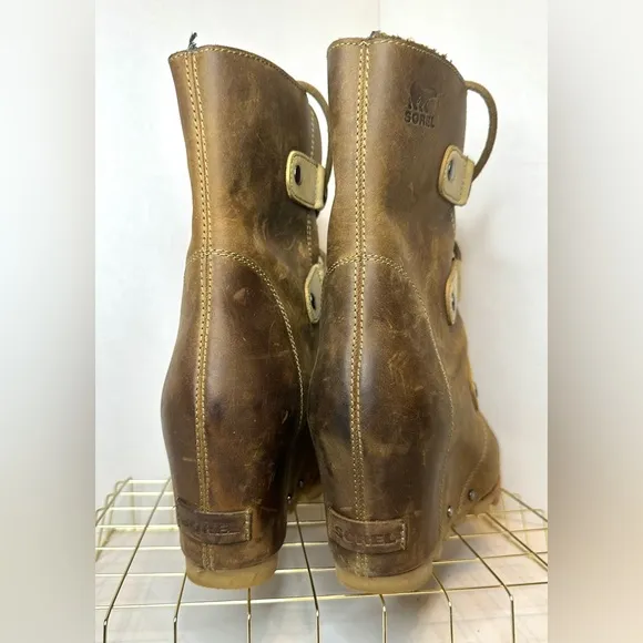 Women’s Sorel Joan Of Arctic Mid Wedge Brown Leather Mid Ankle Boots Size 10