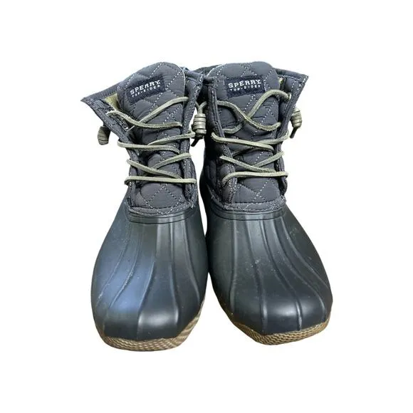 Women’s Sperry Top Sider Black/Grey Lace Up Duck Waterproof Rubber Boots Size 8
