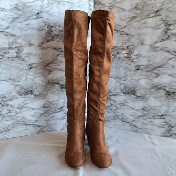 Women's Suede Over The Knee‎ Block Heeled Camel Boots With Lace Up Back Size 8