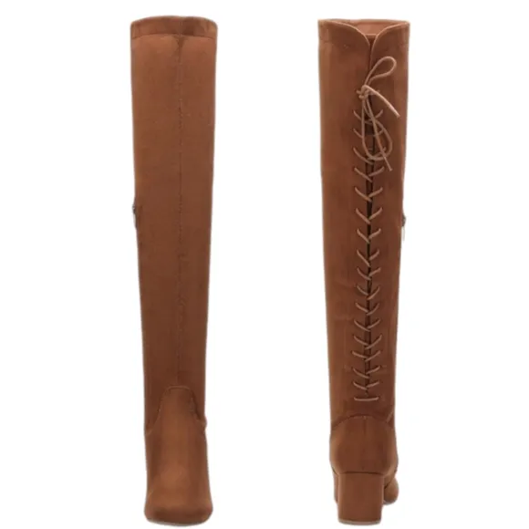 Women's Suede Over The Knee‎ Block Heeled Camel Boots With Lace Up Back Size 8