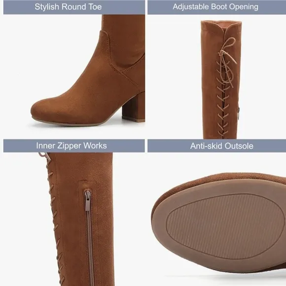 Women's Suede Over The Knee‎ Block Heeled Camel Boots With Lace Up Back Size 8