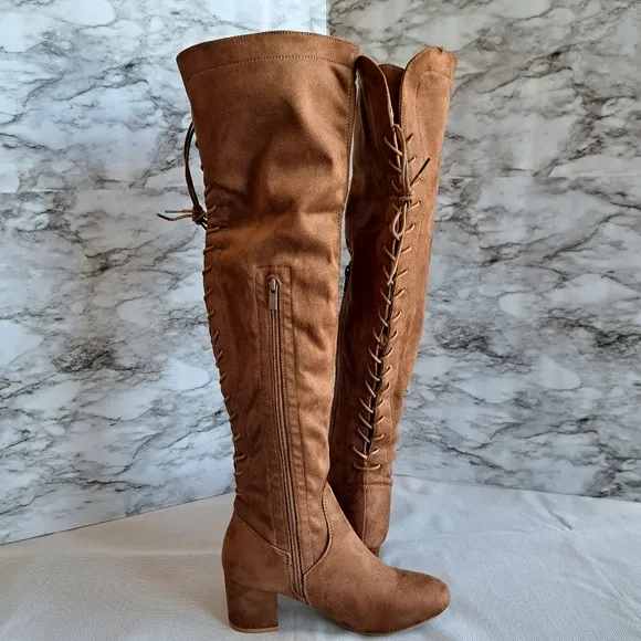 Women's Suede Over The Knee‎ Block Heeled Camel Boots With Lace Up Back Size 8