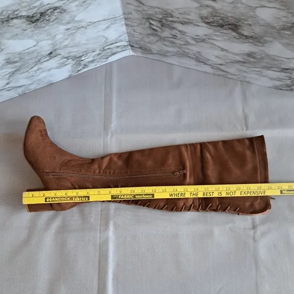 Women's Suede Over The Knee‎ Block Heeled Camel Boots With Lace Up Back Size 8