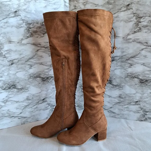 Women's Suede Over The Knee‎ Block Heeled Camel Boots With Lace Up Back Size 8