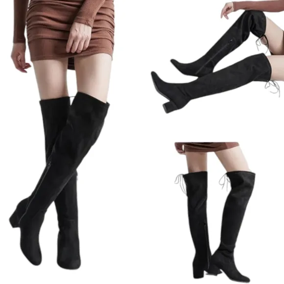 Women's Suede Over The Knee‎ Block Heeled Camel Boots With Lace Up Back Size 8