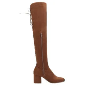 Women's Suede Over The Knee‎ Block Heeled Camel Boots With Lace Up Back Size 8