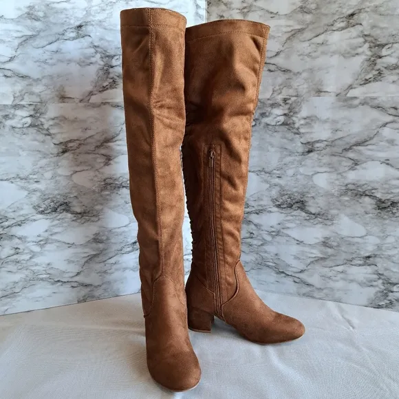 Women's Suede Over The Knee‎ Block Heeled Camel Boots With Lace Up Back Size 8