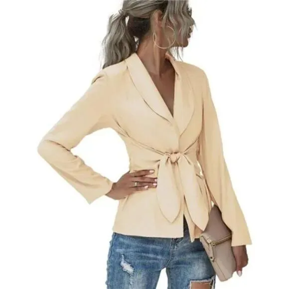 Women's V Neck Blazer Jacket Self Tie Knot Beige or Khaki