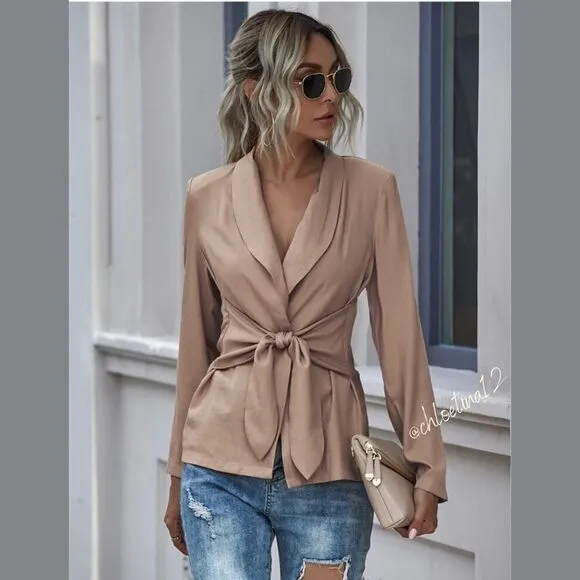 Women's V Neck Blazer Jacket Self Tie Knot Beige or Khaki