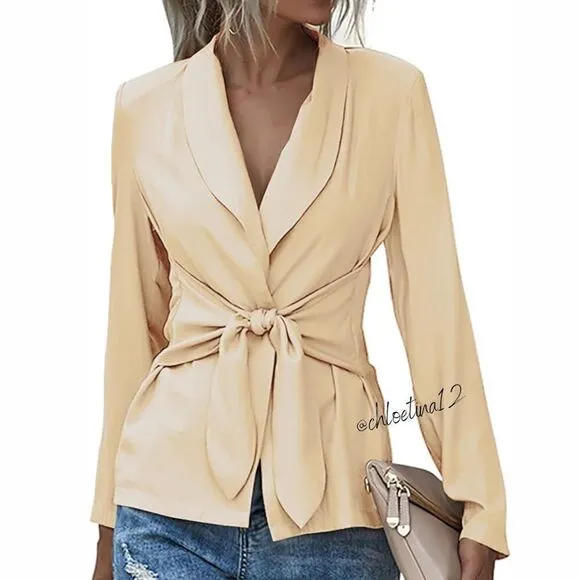 Women's V Neck Blazer Jacket Self Tie Knot Beige or Khaki