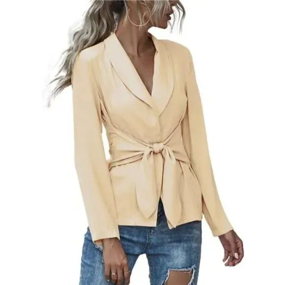 Women's V Neck Blazer Jacket Self Tie Knot Beige or Khaki