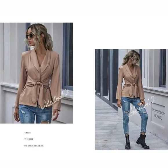 Women's V Neck Blazer Jacket Self Tie Knot Beige or Khaki