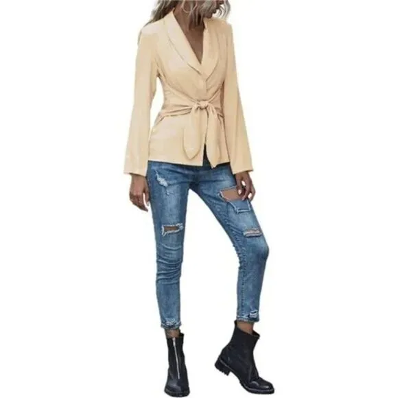 Women's V Neck Blazer Jacket Self Tie Knot Beige or Khaki