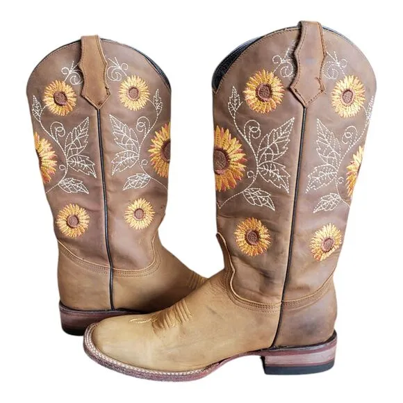 Women's Western Cowgirl Sunflower Embroidered Square Toe Boots Size 6.5 MEX Sz25