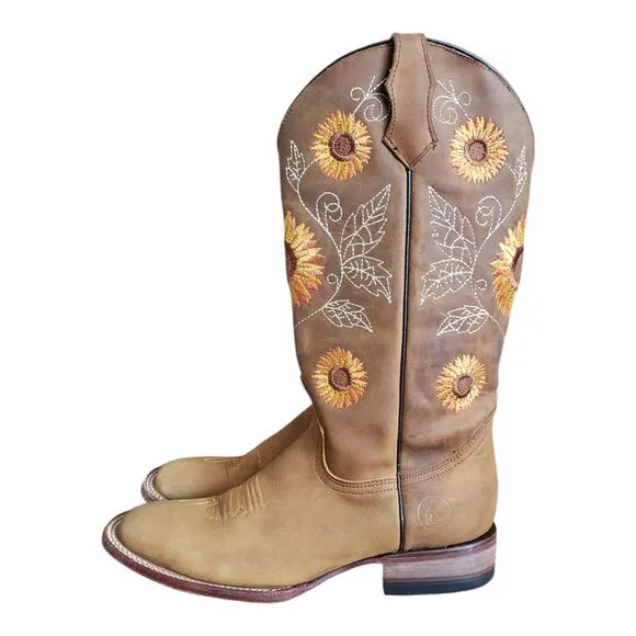 Women's Western Cowgirl Sunflower Embroidered Square Toe Boots Size 6.5 MEX Sz25