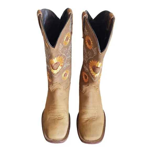 Women's Western Cowgirl Sunflower Embroidered Square Toe Boots Size 6.5 MEX Sz25