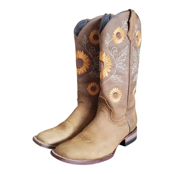 Women's Western Cowgirl Sunflower Embroidered Square Toe Boots Size 6.5 MEX Sz25