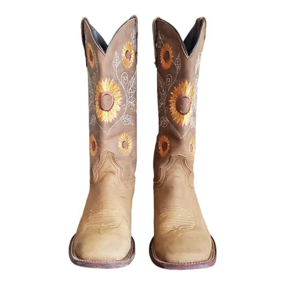 Women's Western Cowgirl Sunflower Embroidered Square Toe Boots Size 6.5 MEX Sz25