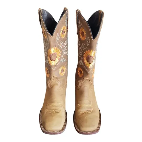Women's Western Cowgirl Sunflower Embroidered Square Toe Boots Size 6.5 MEX Sz25