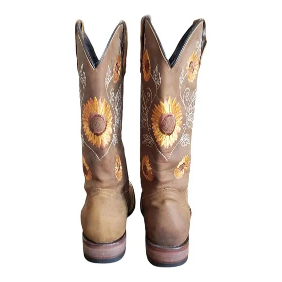 Women's Western Cowgirl Sunflower Embroidered Square Toe Boots Size 6.5 MEX Sz25