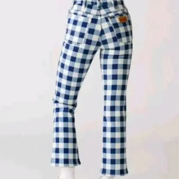 Wrangler Wrock 672 High-Rise Kick Flare Jeans Plaid Check Size 28