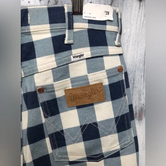 Wrangler Wrock 672 High-Rise Kick Flare Jeans Plaid Check Size 28