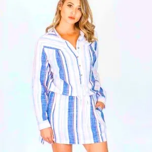 Xirena | Emersyn 100% Cotton Drawstring Waist Resort Beach Stripe Dress Large
