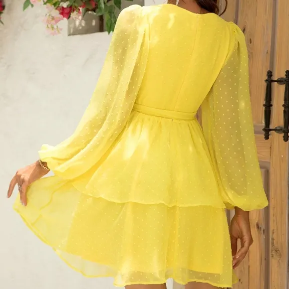 Yellow Balloon Sleeve Layered Dress