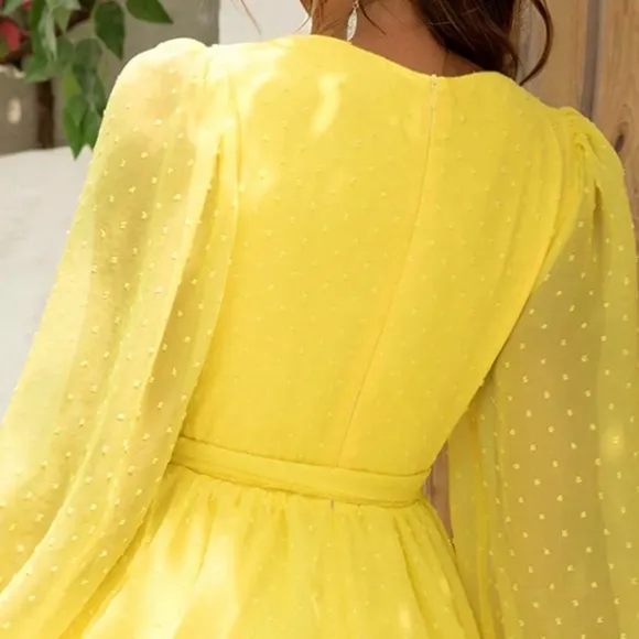 Yellow Balloon Sleeve Layered Dress