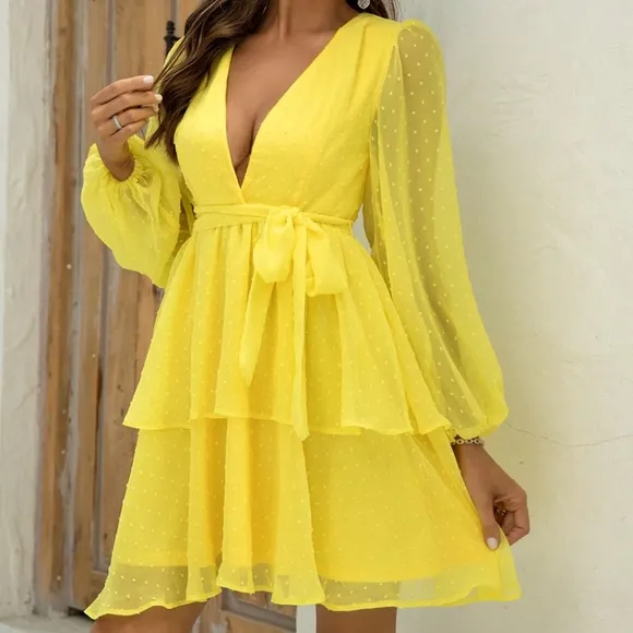 Yellow Balloon Sleeve Layered Dress