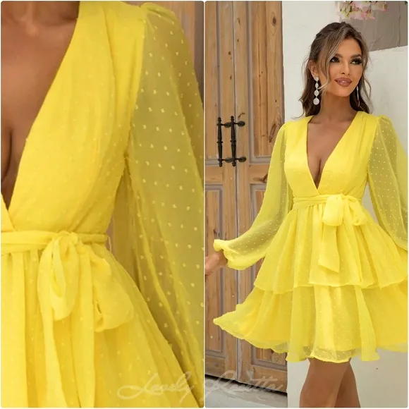 Yellow Balloon Sleeve Layered Dress