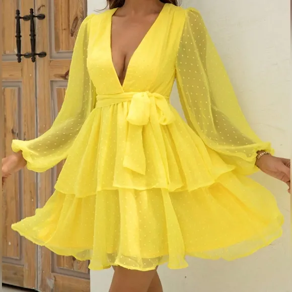 Yellow Balloon Sleeve Layered Dress