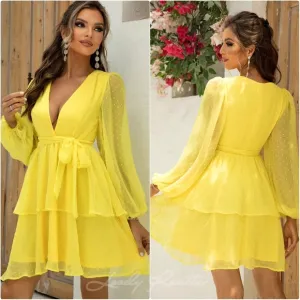 Yellow Balloon Sleeve Layered Dress
