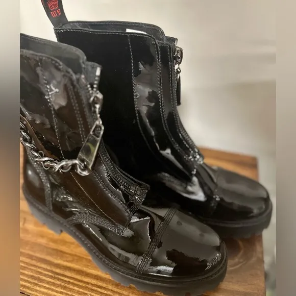 Zadig &amp; Voltaire Joe Cecilia Leather Combat Boots (Black Chain) Size US 9/EU 39