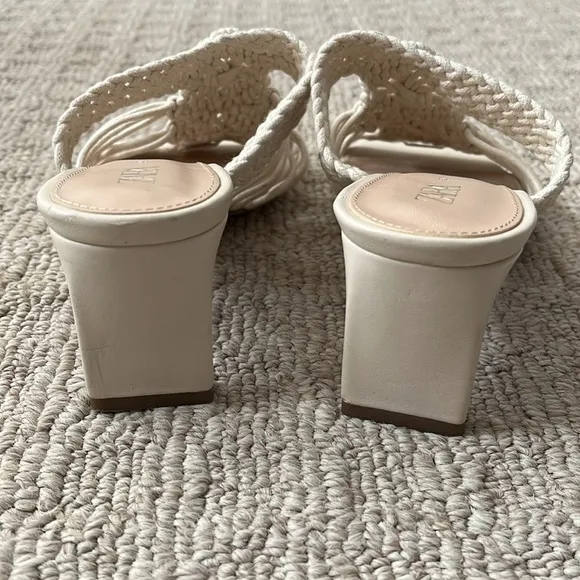Zara Woven Crochet Macrame Braided Block Heeled Sandals Cream Off White sz 38