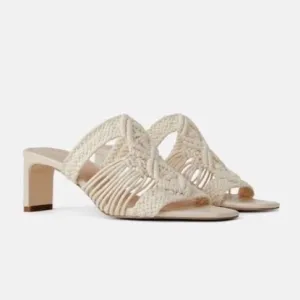 Zara Woven Crochet Macrame Braided Block Heeled Sandals Cream Off White sz 38