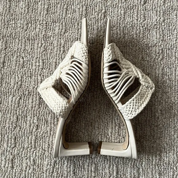Zara Woven Crochet Macrame Braided Block Heeled Sandals Cream Off White sz 38