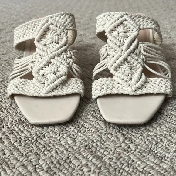 Zara Woven Crochet Macrame Braided Block Heeled Sandals Cream Off White sz 38
