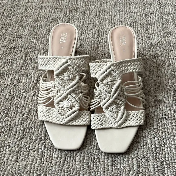 Zara Woven Crochet Macrame Braided Block Heeled Sandals Cream Off White sz 38