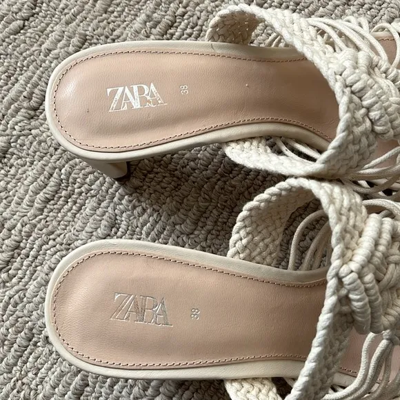 Zara Woven Crochet Macrame Braided Block Heeled Sandals Cream Off White sz 38