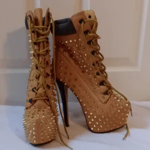 ZIGI girl Tan and Gold Heeled Boots with Studded Design, Size 8.5
