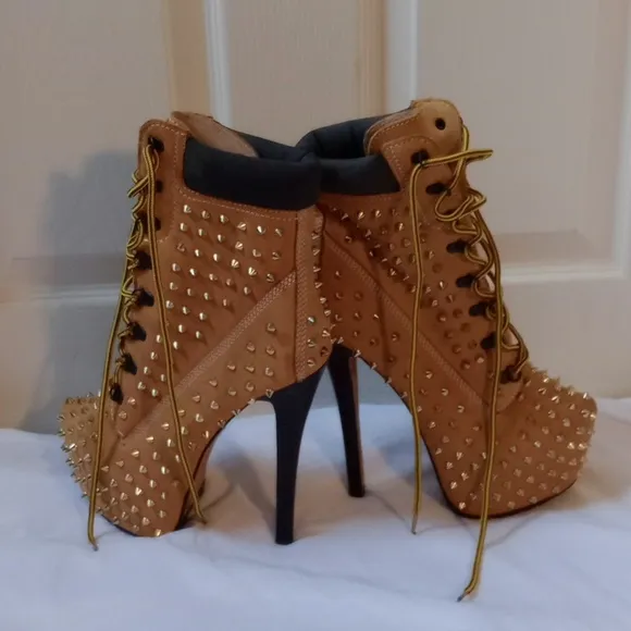 ZIGI girl Tan and Gold Heeled Boots with Studded Design, Size 8.5
